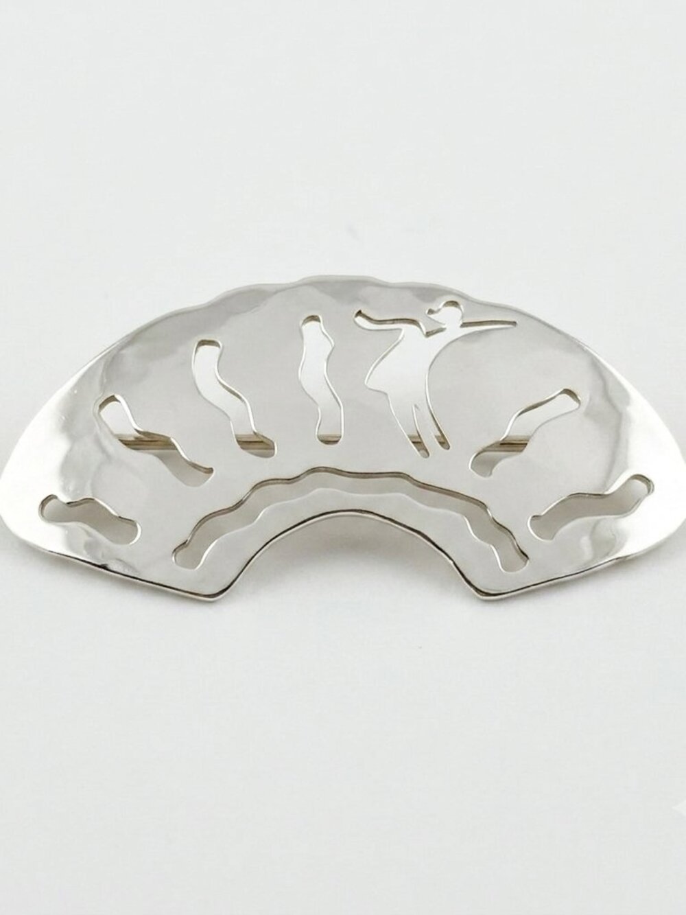 Vintage Dancing Girl Brooch Pin Silver Tone Cut Out Fan Shaped